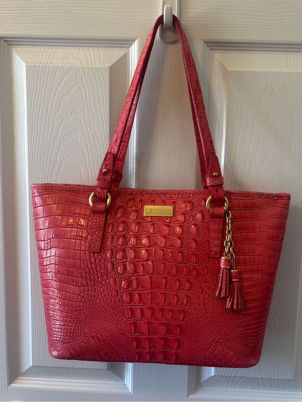 Brahmin Crocodile Medium Asher Shoulder Tote Embossed Pink Coral EUC